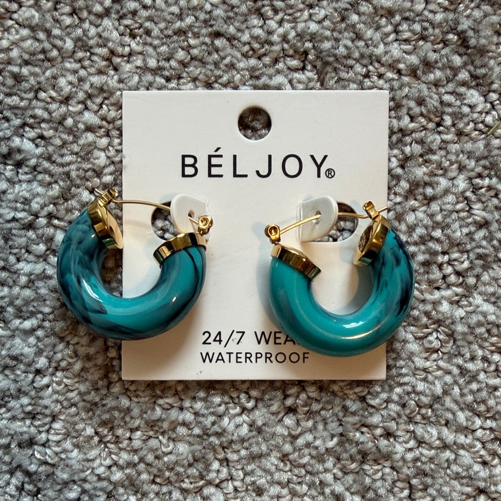 NEW Béljoy Teal and Gold Hoop Earrings